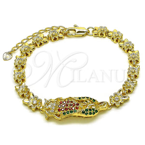 Pulsera Solida 03.411.0009.1.08 Oro Laminado, Diseño de Guadalupe y Flor, con Multicolor Zirconia Cubica, Pulido, Tono Dorado (06 MM Thickness, 8 Inches Length)