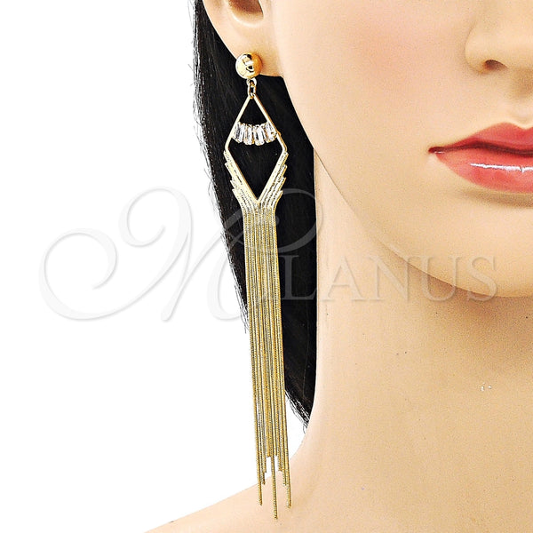 Arete Largo 02.268.0116 Oro Laminado, Diseño de Baguette, con Blanca Zirconia Cubica, Pulido, Tono Dorado