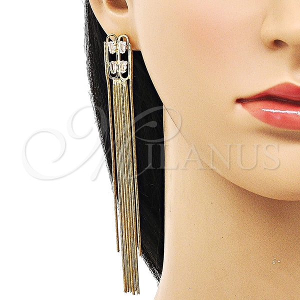Arete Largo 02.268.0118 Oro Laminado, Diseño de Baguette, con Blanca Zirconia Cubica, Pulido, Tono Dorado