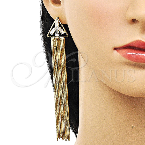Arete Largo 02.268.0119 Oro Laminado, Diseño de Baguette, con Blanca Zirconia Cubica, Pulido, Tono Dorado