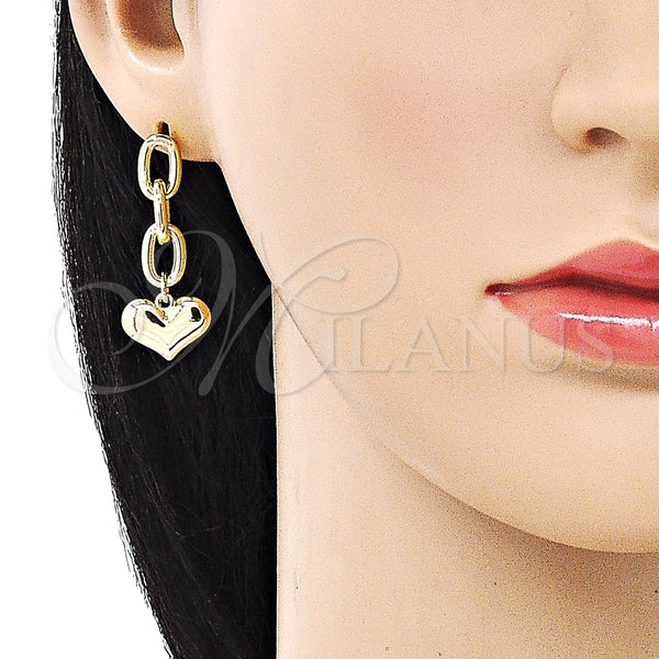 Arete Largo 02.213.0564 Oro Laminado, Diseño de Paperclip y Corazón, Pulido, Tono Dorado