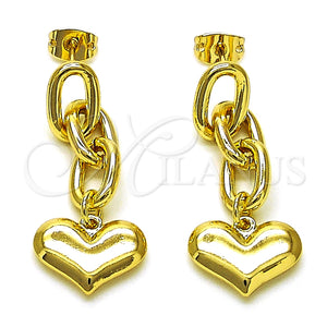Arete Largo 02.213.0564 Oro Laminado, Diseño de Paperclip y Corazón, Pulido, Tono Dorado