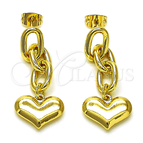 Arete Largo 02.213.0564 Oro Laminado, Diseño de Paperclip y Corazón, Pulido, Tono Dorado