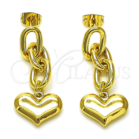 Arete Largo 02.213.0564 Oro Laminado, Diseño de Paperclip y Corazón, Pulido, Tono Dorado