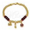 Pulsera de Dije 03.213.0226.08 Oro Laminado, Diseño de Pies y Ojo Griego, con Cristal Negro y Granate, Pulido, Tono Dorado (Grosor 05 MM, 8 Pulgadas de Largo)