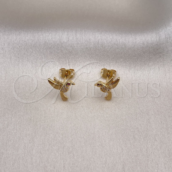Arete Dormilona 02.342.0285 Oro Laminado, Diseño de Pajaro, con Blanca and Rubi Micro Pave, Pulido, Tono Dorado