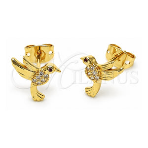Arete Dormilona 02.342.0285 Oro Laminado, Diseño de Pajaro, con Micro Pave Blanca y Rubi, Pulido, Tono Dorado