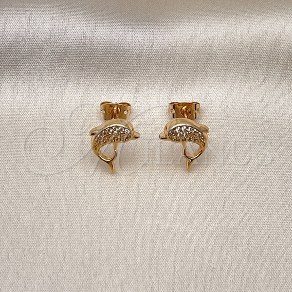 Arete Dormilona 02.342.0287 Oro Laminado, Diseño de Delfín, con Blanca Micro Pave, Pulido, Tono Dorado
