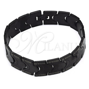 Pulsera Solida 03.114.0221.2.09 Acero Inoxidable, Diseño de Llave Griega, Pulido, Rodinado Negro (16 MM Thickness, 9 Inches Length)