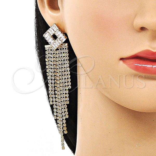Arete Largo 02.268.0124 Oro Laminado, Diseño de Baguette, con Blanca Zirconia Cubica and Blanca Cristal, Pulido, Tono Dorado