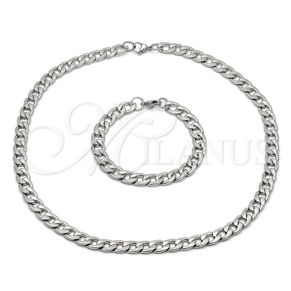 Collar y Pulsera 06.116.0024 Acero Inoxidable, Diseño de Cubana Pave, Diamantado, Tono Plateado