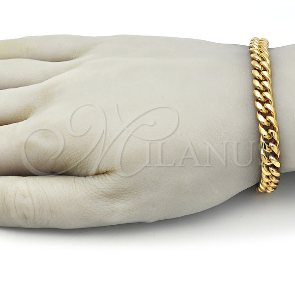 Pulsera Básica 03.116.0035.09 Acero Inoxidable, Diseño de Miami Cubana, Pulido, Tono Dorado (08 MM Thickness, 9 Inches Length)