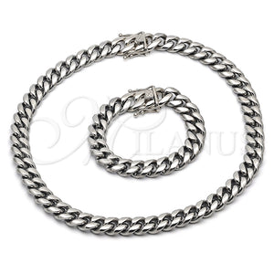 Collar y Pulsera 06.116.0041 Acero Inoxidable, Diseño de Miami Cubana, Pulido, Tono Plateado