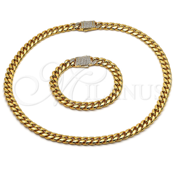 Collar y Pulsera 06.116.0045.1 Acero Inoxidable, Diseño de Miami Cubana, con Blanca Cristal, Pulido, Tono Dorado