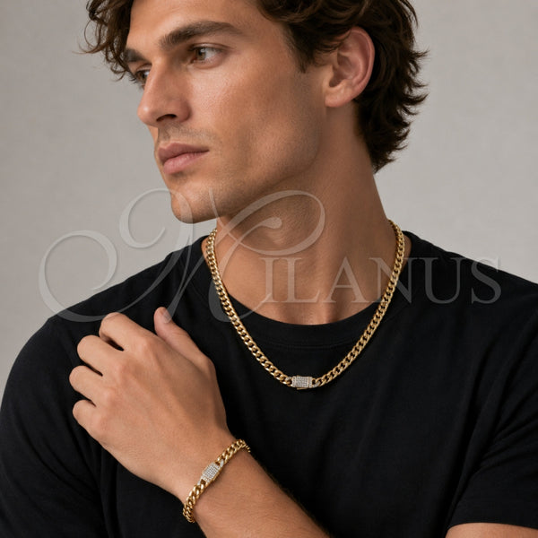 Collar y Pulsera 06.116.0047.22 Acero Inoxidable, Diseño de Miami Cubana, con Cristal Blanca, Pulido, Tono Dorado