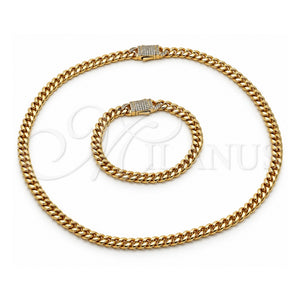 Collar y Pulsera 06.116.0047.22 Acero Inoxidable, Diseño de Miami Cubana y Cierre De Cajon, con Cristal Blanca, Pulido, Tono Dorado