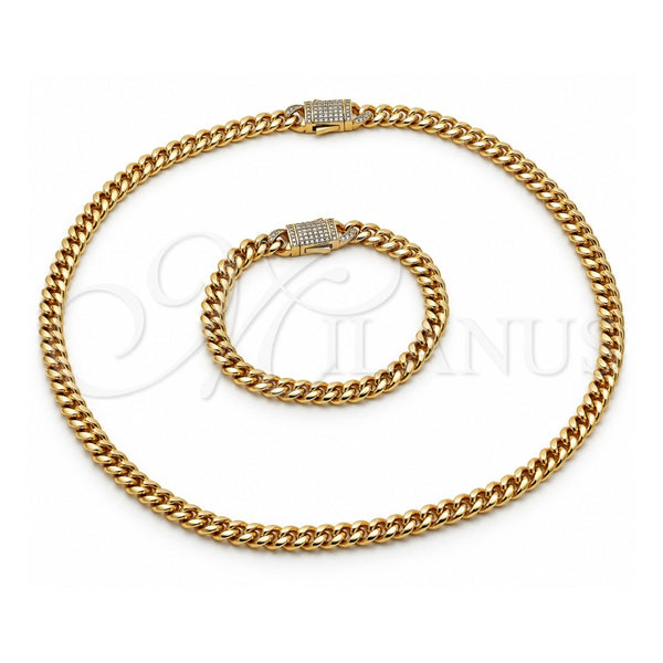 Collar y Pulsera 06.116.0047.22 Acero Inoxidable, Diseño de Miami Cubana y Cierre De Cajon, con Cristal Blanca, Pulido, Tono Dorado