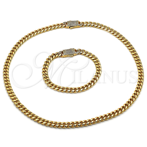 Collar y Pulsera 06.116.0047.22 Acero Inoxidable, Diseño de Miami Cubana, con Cristal Blanca, Pulido, Tono Dorado