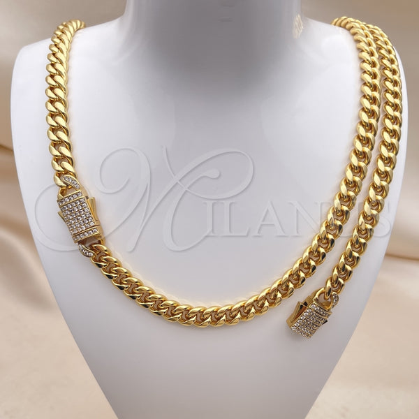 Collar y Pulsera 06.116.0048 Acero Inoxidable, Diseño de Miami Cubana, con Blanca Cristal, Pulido, Tono Dorado