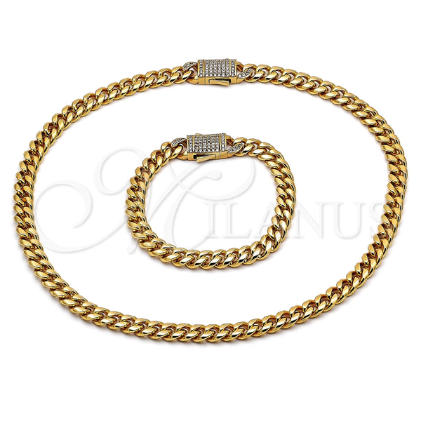 Collar y Pulsera 06.116.0048 Acero Inoxidable, Diseño de Miami Cubana, con Blanca Cristal, Pulido, Tono Dorado