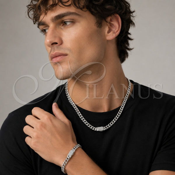Collar y Pulsera 06.116.0047.1 Acero Inoxidable, Diseño de Miami Cubana, con Blanca Cristal, Pulido, Tono Plateado