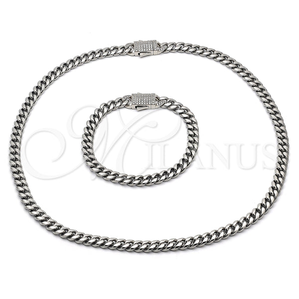 Collar y Pulsera 06.116.0047.1 Acero Inoxidable, Diseño de Miami Cubana, con Blanca Cristal, Pulido, Tono Plateado