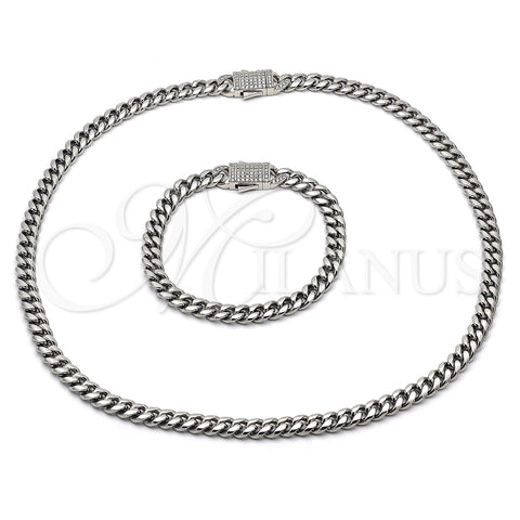 Collar y Pulsera 06.116.0047.1 Acero Inoxidable, Diseño de Miami Cubana, con Blanca Cristal, Pulido, Tono Plateado