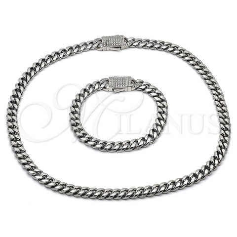 Collar y Pulsera 06.116.0048.1 Acero Inoxidable, Diseño de Miami Cubana, con Blanca Cristal, Pulido, Tono Plateado