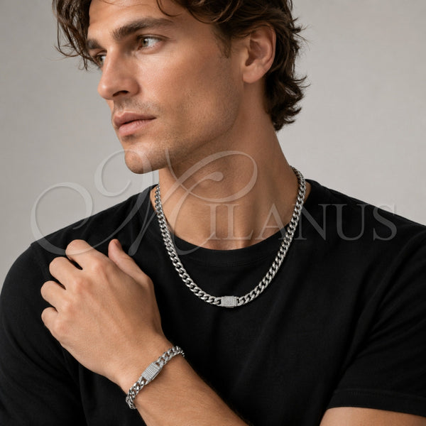 Collar y Pulsera 06.116.0046.22 Acero Inoxidable, Diseño de Miami Cubana, con Cristal Blanca, Pulido, Tono Plateado