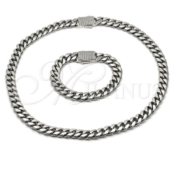 Collar y Pulsera 06.116.0046.22 Acero Inoxidable, Diseño de Miami Cubana, con Cristal Blanca, Pulido, Tono Plateado
