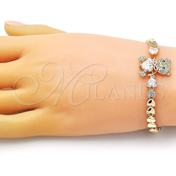 Pulsera Elegante 03.283.0282.1.07 Oro Laminado, Diseño de Osito y Arco, con Blanca and Verde Zirconia Cubica, Pulido, Tono Dorado (06 MM Thickness, 7 Inches Length)