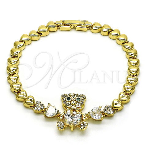 Pulsera Elegante 03.283.0282.1.07 Oro Laminado, Diseño de Osito y Arco, con Blanca and Verde Zirconia Cubica, Pulido, Tono Dorado (06 MM Thickness, 7 Inches Length)