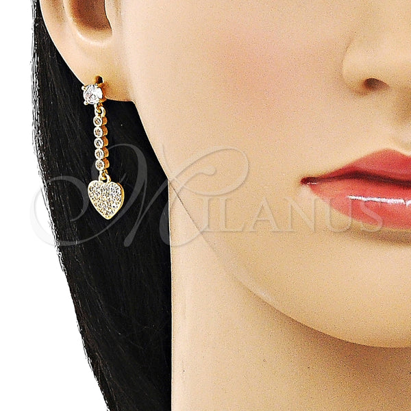 Arete Largo 02.283.0081 Oro Laminado, Diseño de Corazón, con Blanca Zirconia Cubica and Blanca Micro Pave, Pulido, Tono Dorado
