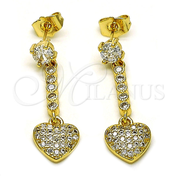 Arete Largo 02.283.0081 Oro Laminado, Diseño de Corazón, con Blanca Zirconia Cubica and Blanca Micro Pave, Pulido, Tono Dorado