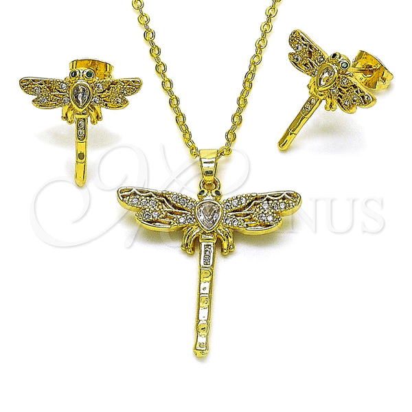 Juego de Arete y Dije de Adulto 10.381.0001 Oro Laminado, Diseño de Libélula, con Blanca Zirconia Cubica and Blanca Micro Pave, Pulido, Tono Dorado