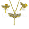 Juego de Arete y Dije de Adulto 10.381.0001 Oro Laminado, Diseño de Libélula, con Blanca Zirconia Cubica and Blanca Micro Pave, Pulido, Tono Dorado
