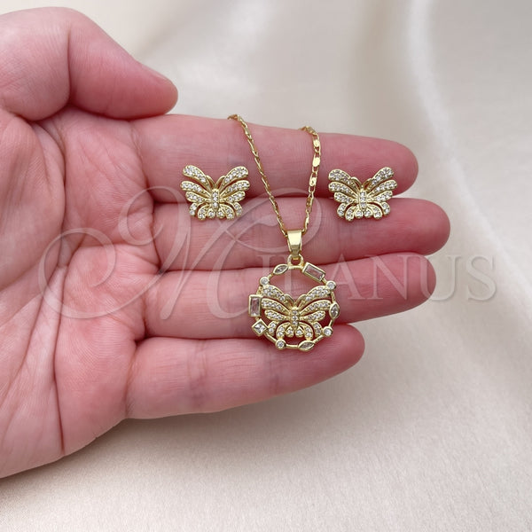 Juego de Arete y Dije de Adulto 10.267.0002 Oro Laminado, Diseño de Mariposa, con Blanca Micro Pave and Blanca Zirconia Cubica, Pulido, Tono Dorado
