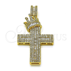 Dije Religioso 05.253.0178 Oro Laminado, Diseño de Cruz y Corona, con Zirconia Cubica Blanca y Micro Pave Blanca, Pulido, Tono Dorado