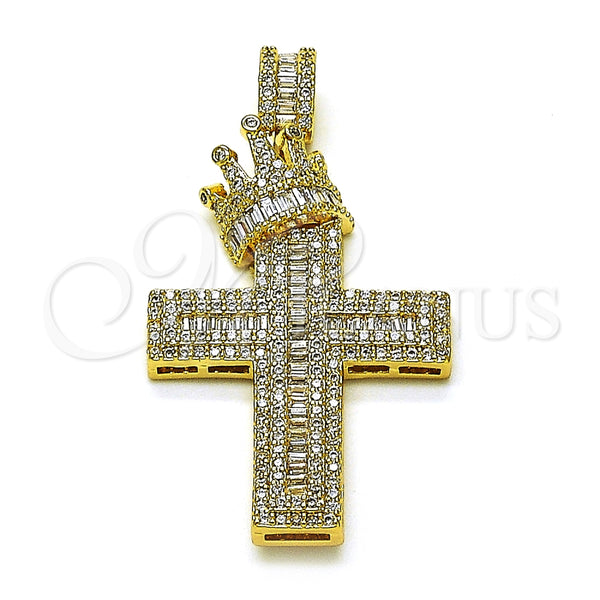 Dije Religioso 05.253.0178 Oro Laminado, Diseño de Cruz y Corona, con Zirconia Cubica Blanca y Micro Pave Blanca, Pulido, Tono Dorado
