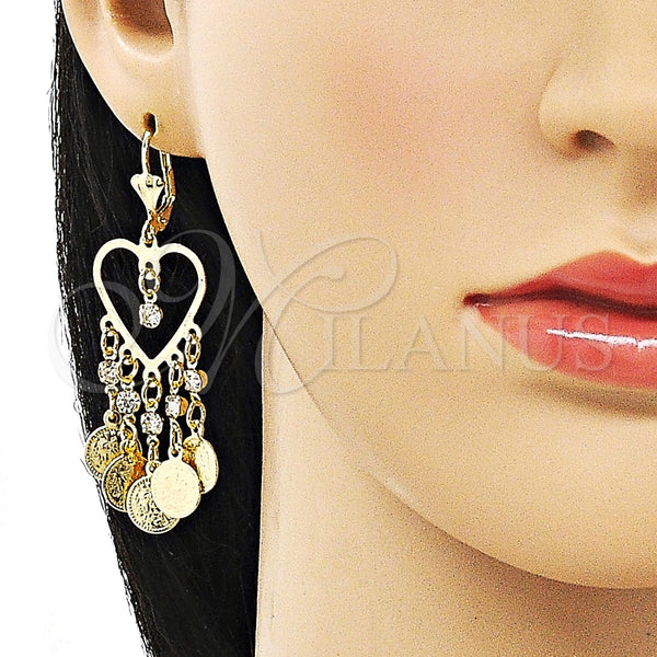 Arete Largo 02.414.0003 Oro Laminado, Diseño de Corazón, con Blanca Cristal, Pulido, Tono Dorado