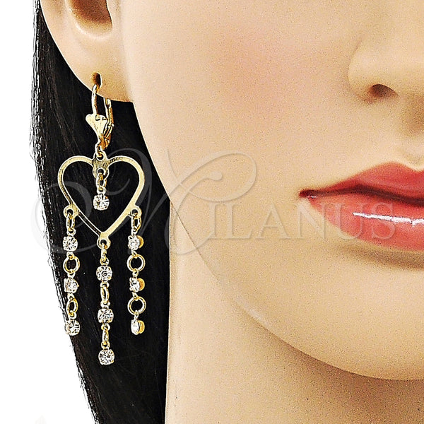 Arete Largo 02.414.0004 Oro Laminado, Diseño de Corazón, con Blanca Cristal, Pulido, Tono Dorado