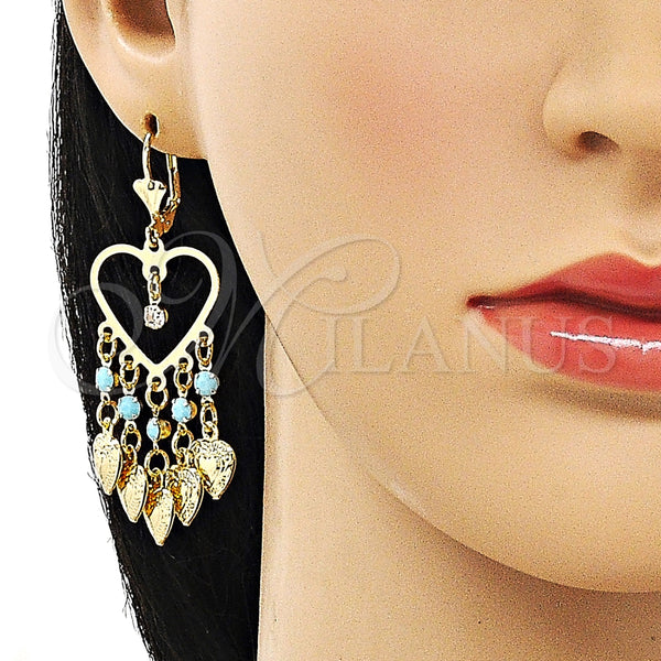Arete Largo 02.414.0010 Oro Laminado, Diseño de Corazón, con Turquoise and Blanca Cristal, Pulido, Tono Dorado