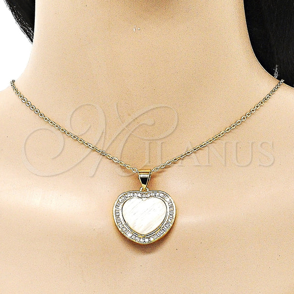 Dije Elegante 05.342.0193 Oro Laminado, Diseño de Corazón y Baguette, con Madre Perla Marfil y Zirconia Cubica Blanca, Pulido, Tono Dorado