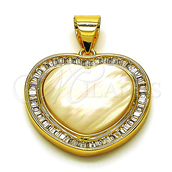 Dije Elegante 05.342.0193 Oro Laminado, Diseño de Corazón y Baguette, con Madre Perla Marfil y Zirconia Cubica Blanca, Pulido, Tono Dorado