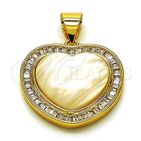 Dije Elegante 05.342.0193 Oro Laminado, Diseño de Corazón y Baguette, con Madre Perla Marfil y Zirconia Cubica Blanca, Pulido, Tono Dorado