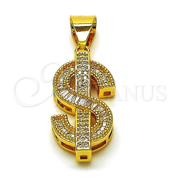 Dije Elegante 05.342.0194 Oro Laminado, Diseño de Dinero y Baguette, con Blanca Zirconia Cubica and Blanca Micro Pave, Pulido, Tono Dorado