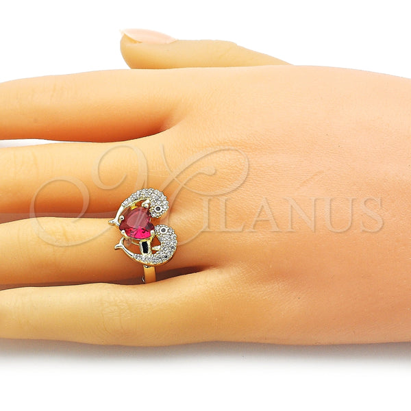 Anillo Multi Piedra 01.196.0002.1 Oro Laminado, Diseño de Delfín y Corazón, con Rubi Zirconia Cubica and Blanca Micro Pave, Pulido, Tono Dorado (One size fits all)