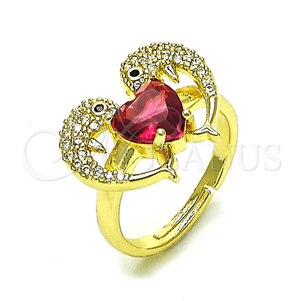 Anillo Multi Piedra 01.196.0002.1 Oro Laminado, Diseño de Delfín y Corazón, con Rubi Zirconia Cubica and Blanca Micro Pave, Pulido, Tono Dorado (One size fits all)