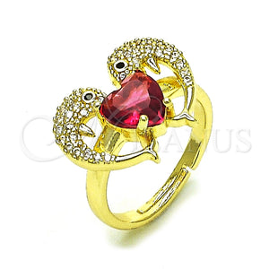 Anillo Multi Piedra 01.196.0002.1 Oro Laminado, Diseño de Delfín y Corazón, con Rubi Zirconia Cubica and Blanca Micro Pave, Pulido, Tono Dorado (One size fits all)