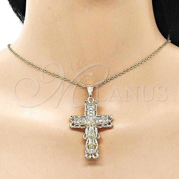 Dije Religioso 05.253.0180 Oro Laminado, Diseño de Crucifijo y Baguette, con Blanca Zirconia Cubica, Pulido, Tono Dorado